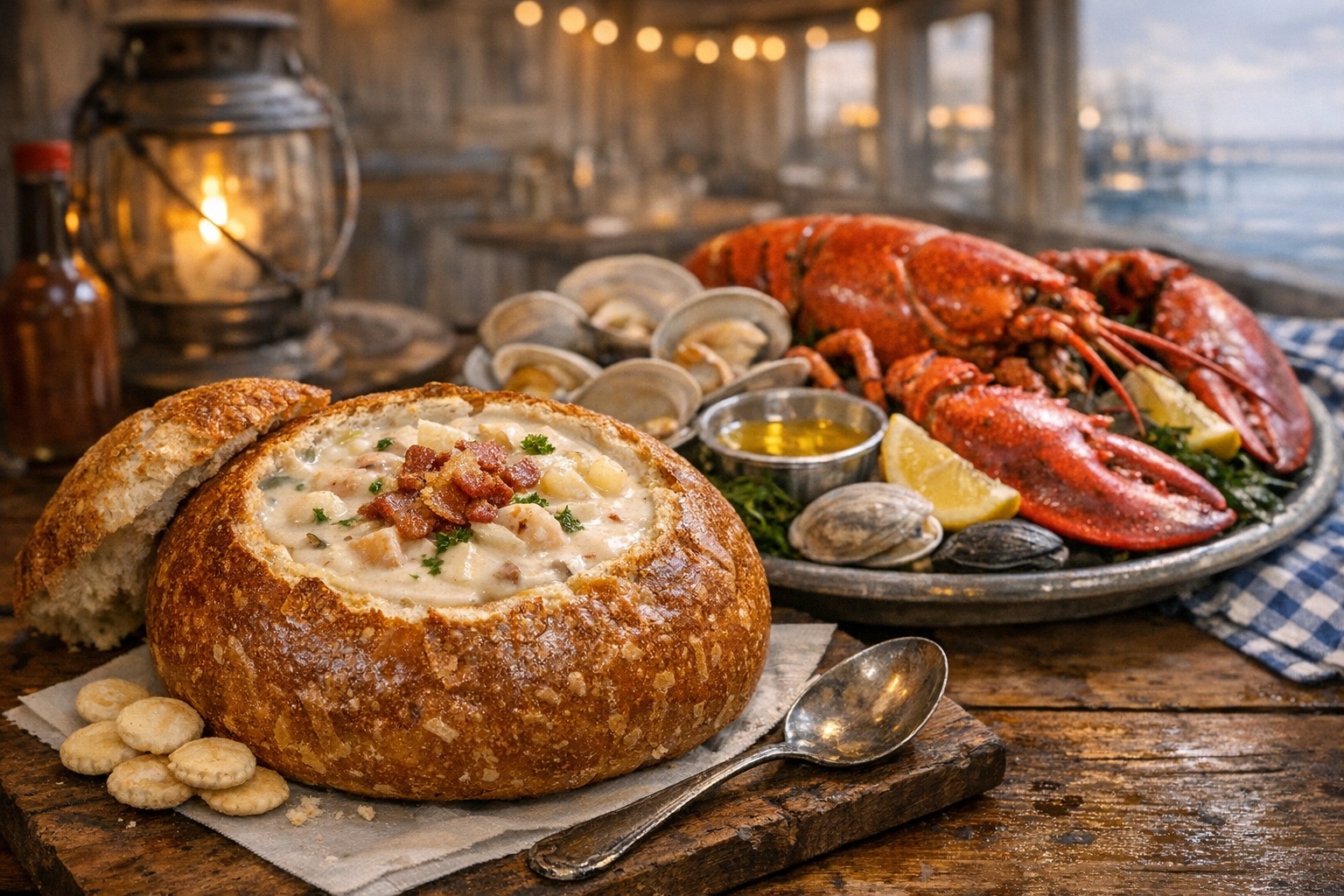 Rhode Island seafood feast with clam chowder in bread bowl, steamed lobster and clams on wooden table