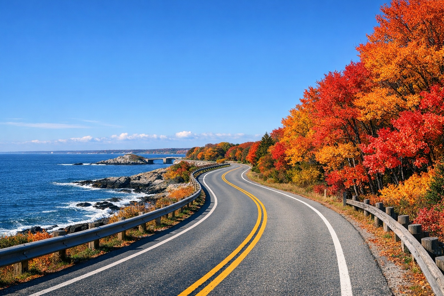 Rhode Island coastal highway in autumn with ocean views and brilliant fall foliage